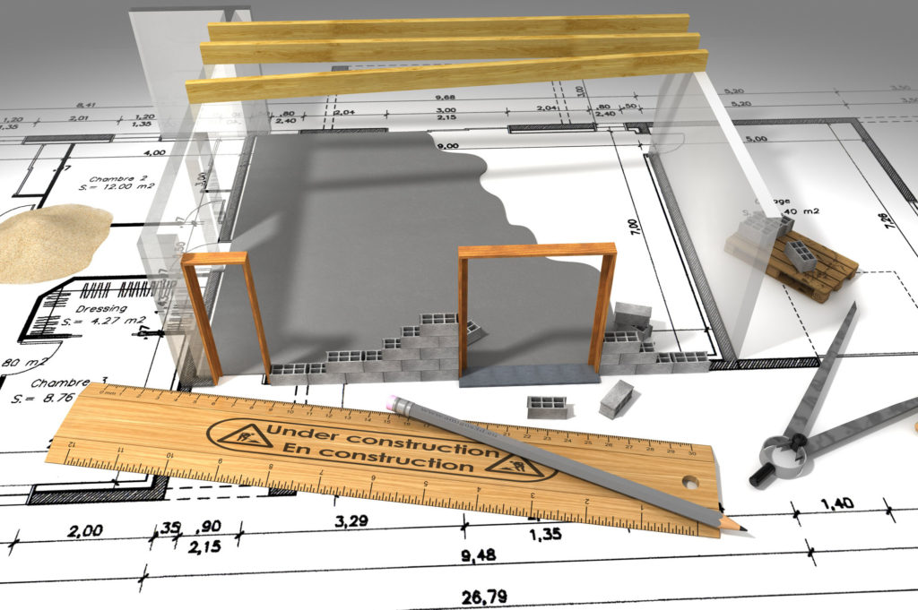 Planning for a home renovation - a visual depiction with ruler, scale model and other equipment. 