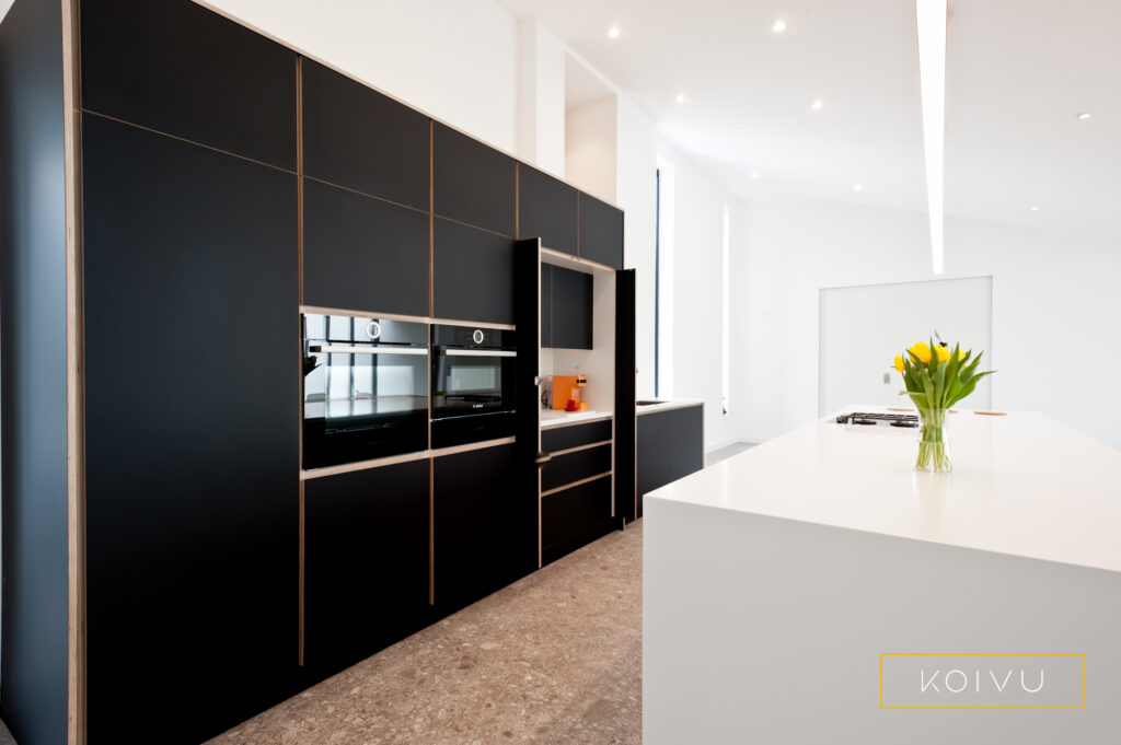 A black birch plywood kitchen with a butler's cupboard open halfway down its length