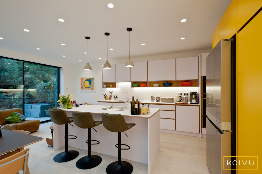 white and yellow plywood kitchen